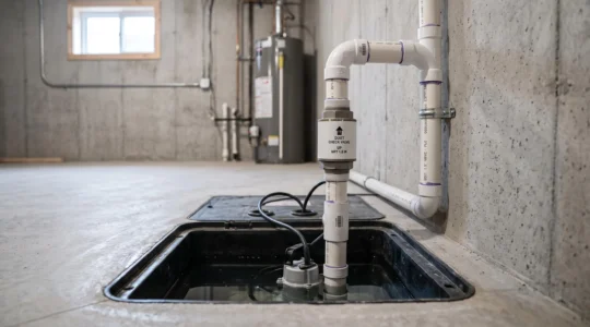 Installation professionnelle d'une pompe à puisard avec clapet antiretour dans un sous-sol résidentiel moderne, montrant le système de drainage complet avec tuyauterie PVC
