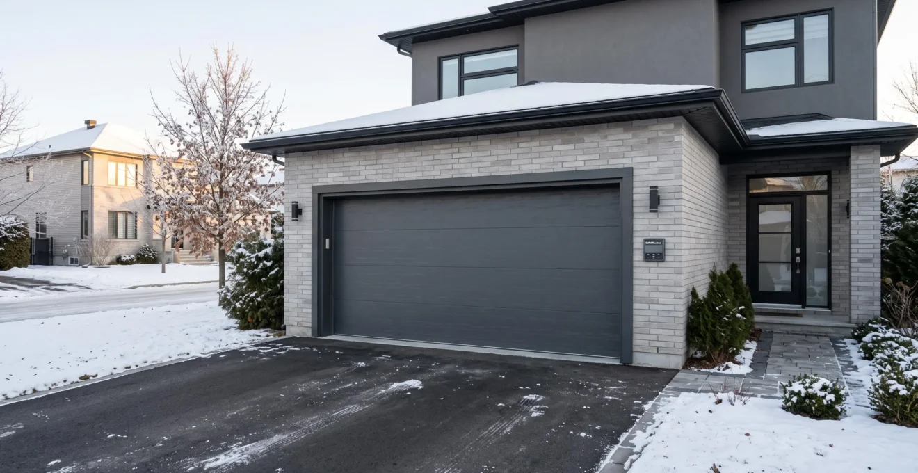 Porte de garage double moderne en acier gris anthracite installée sur une maison unifamiliale de banlieue montréalaise, avec panneau de contrôle automatique visible et contexte hivernal canadien