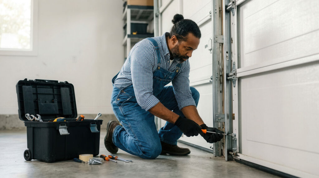 Technicien professionnel installant un ouvre-porte automatique moderne au plafond d'un garage résidentiel, geste métier précis avec outil électrique