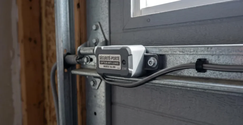 Gros plan d'un capteur anti-soulèvement installé sur le rail métallique d'une porte de garage, avec câblage et fixations mécaniques visibles